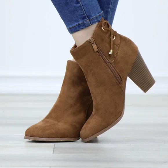 Brown Faux Suede Pointed Toe Low Heel Ankle Boots Back Laces Booties - Picture 8 of 12